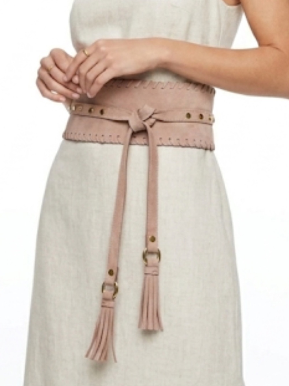 BCBGMaxAzria Blush-Beige Nubuck Tie Waist Whipstitch Tasseled Studded Belt